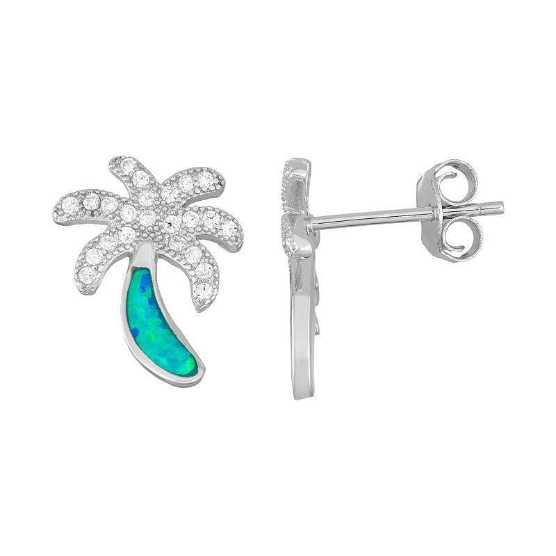 Sterling Silver Cubic Zirconia & Lab-Created Blue Opal Palm Tree Stud Earrings, Womens Product Image