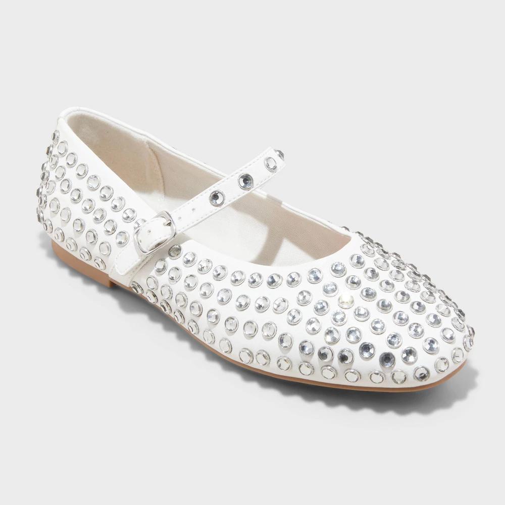 Womens Issa Rhinestone Mary Jane Ballet Flats with Memory Foam Insole - A New Day White 12 Product Image