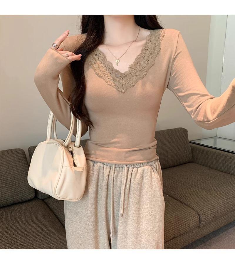 Long Sleeve V-Neck Lace-Trim Plain Slim-Fit Top Product Image