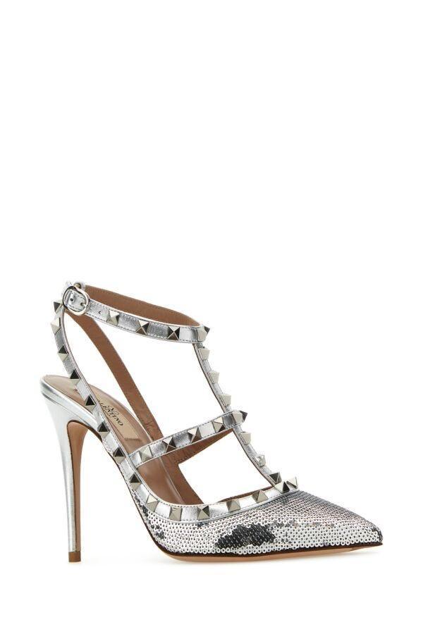 Woman Embellished Leather Rockstud Pumps In Silver Product Image