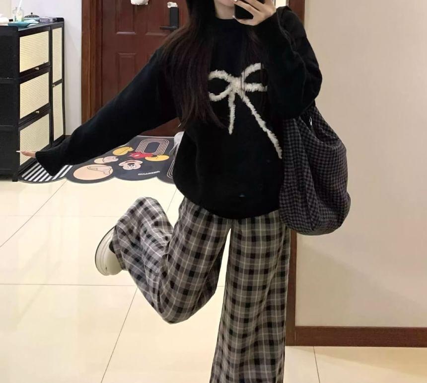 Crew Neck Bow Jacquard Sweater Product Image