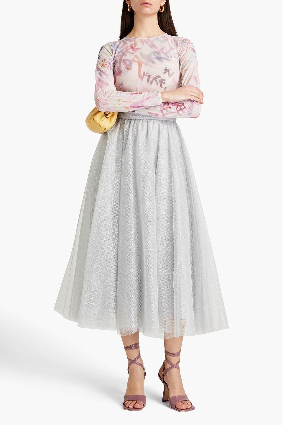 Metallic Tulle Midi Skirt In Silver Product Image