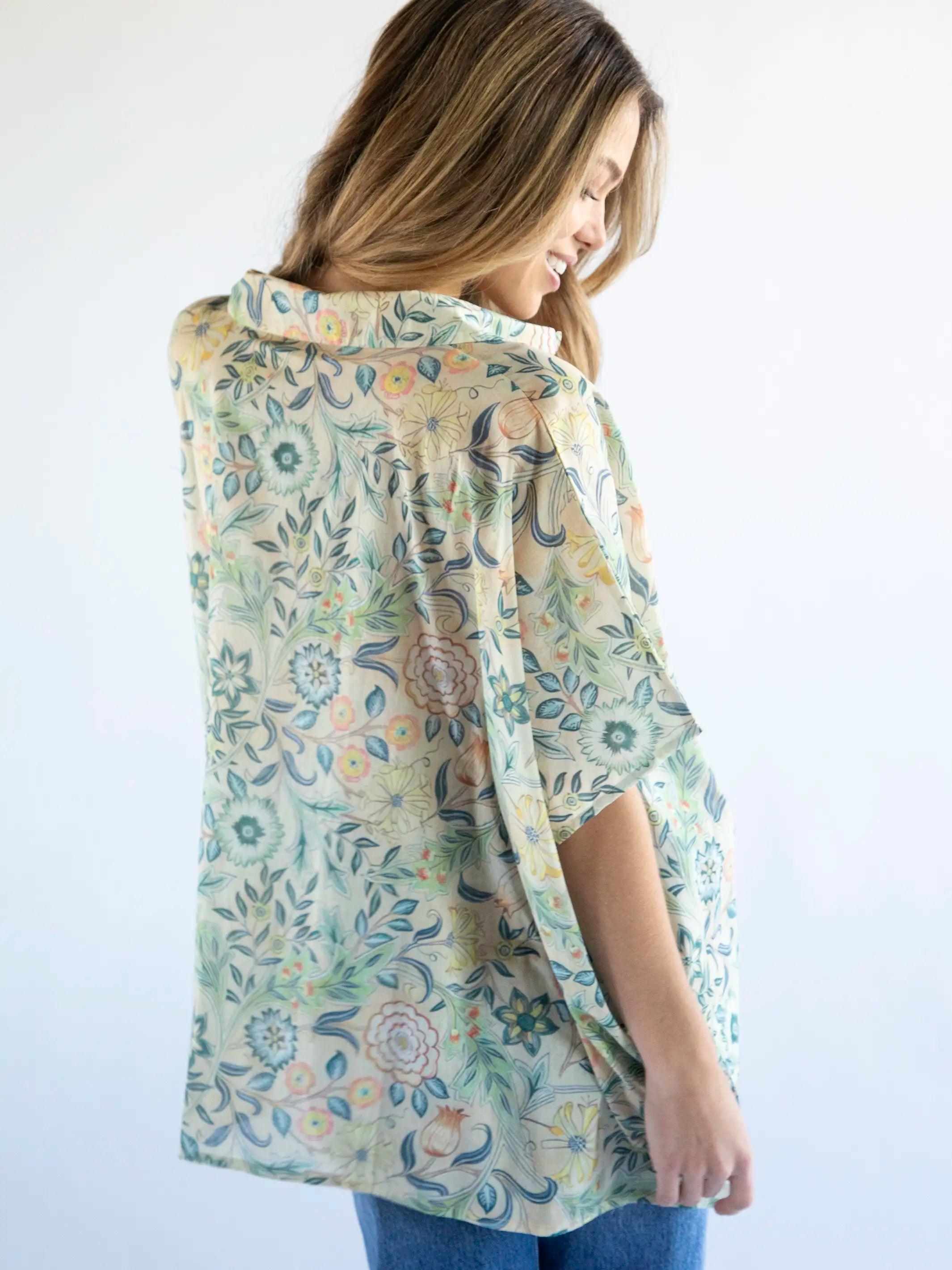 Kelly Oversized Cotton Button Down - Cream Blue Leaves Product Image