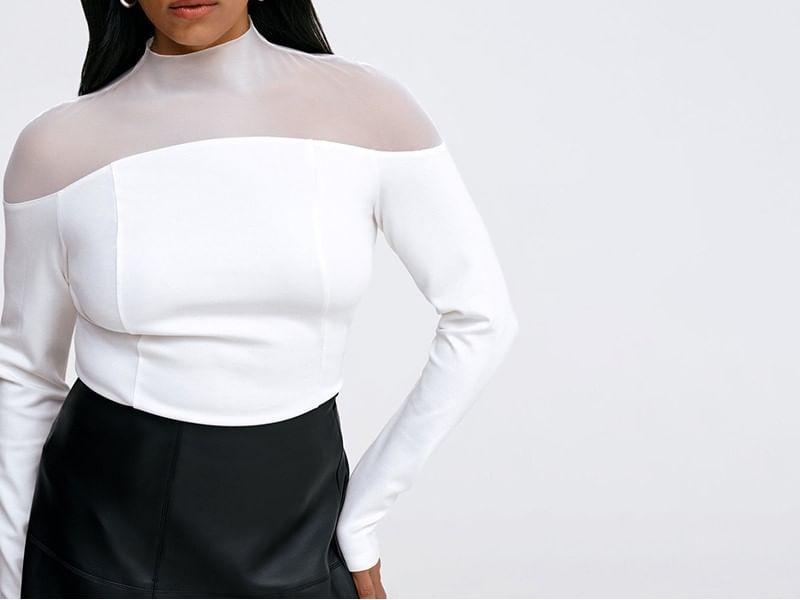 Long-Sleeve Mock Neck Plain Mesh Panel T-Shirt Product Image