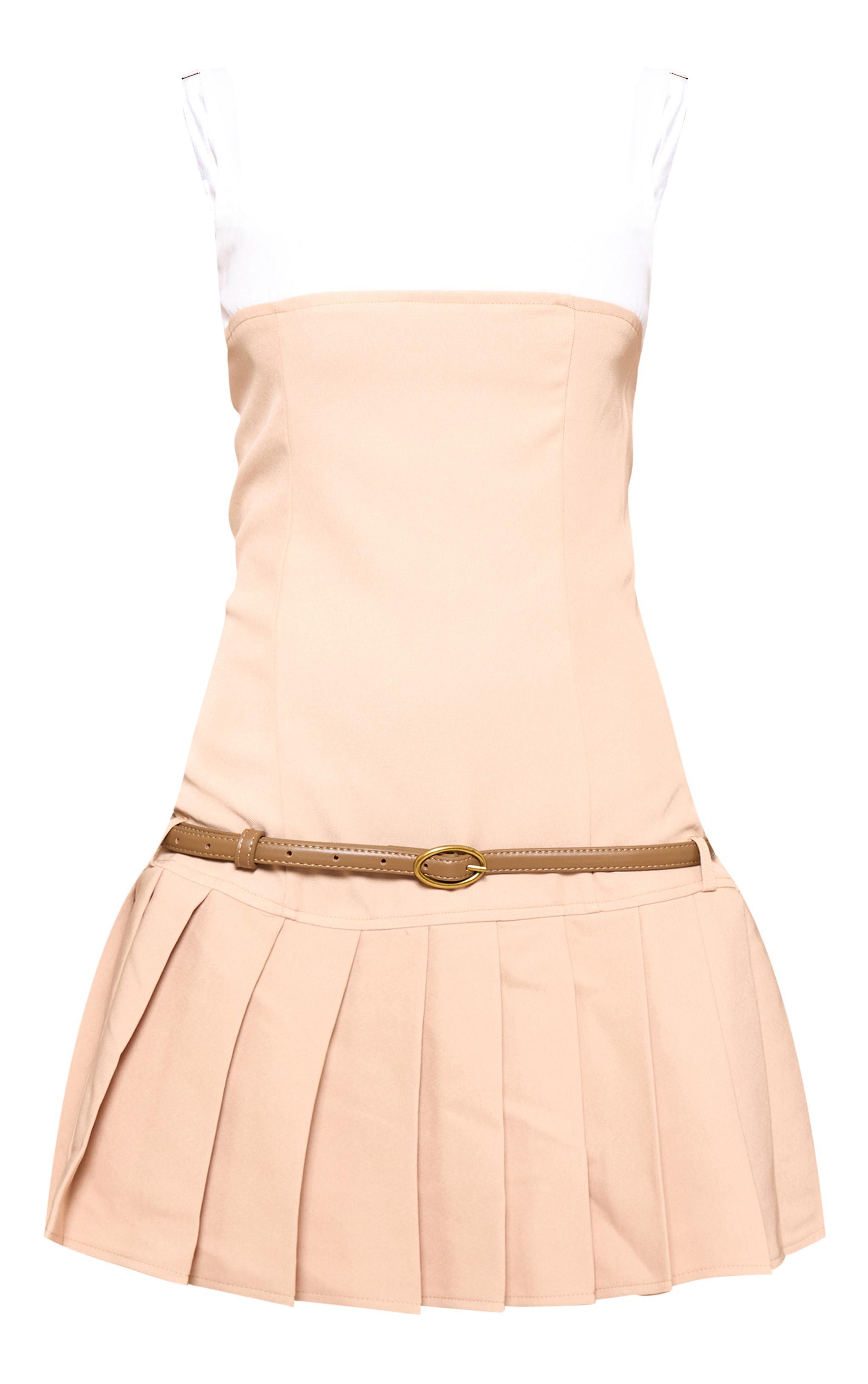 Camel Contrast Bust Detail Pleated Skirt Bodycon Dress Product Image