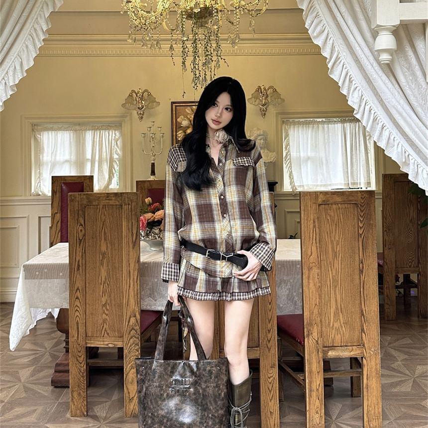 Long Sleeve Plaid Loose-Fit Shirt / Low Waist Mini Layered Mini A-Line Skirt Product Image