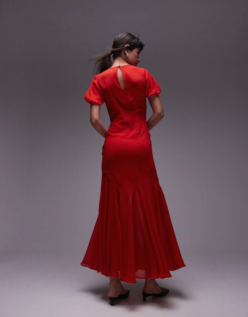 Topshop puff sleeve volume hem maxi dress in red Product Image