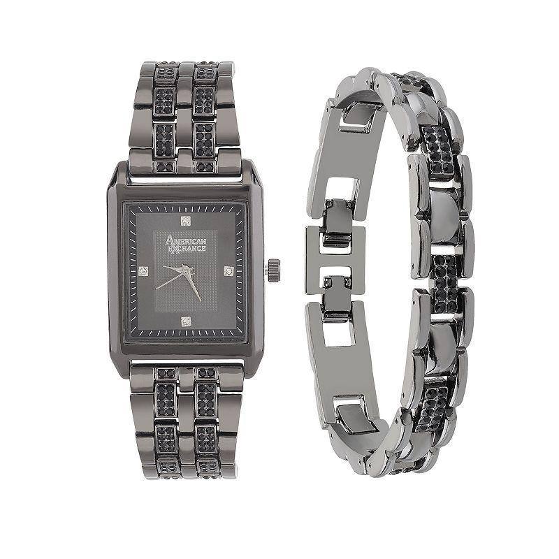 American Exchange Mens Crystal Bracelet Watch 33mm Gift Set - Black Product Image