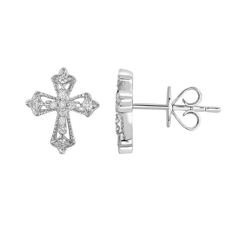 10k White Gold 1/10 Carat T.W. Diamond Cross Stud Earrings, Womens Product Image