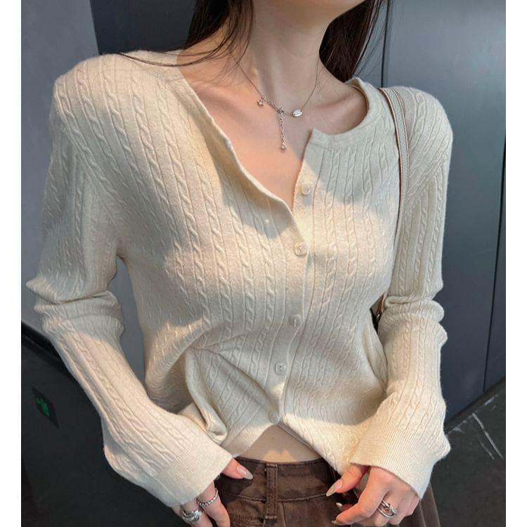 Notch Neck Plain Cable Knit Button-Up Cardigan Product Image