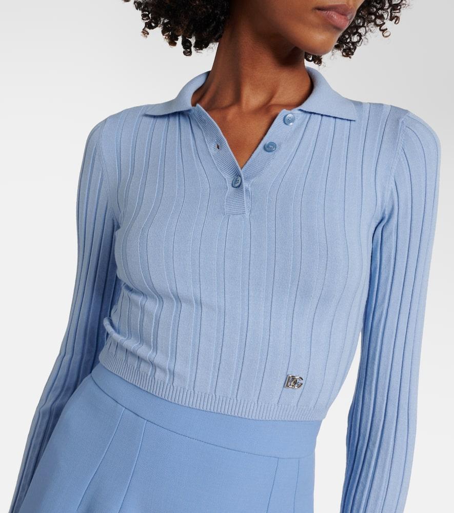 DOLCE & GABBANA Ribbed-knit Cropped Polo Sweater In Blue Product Image