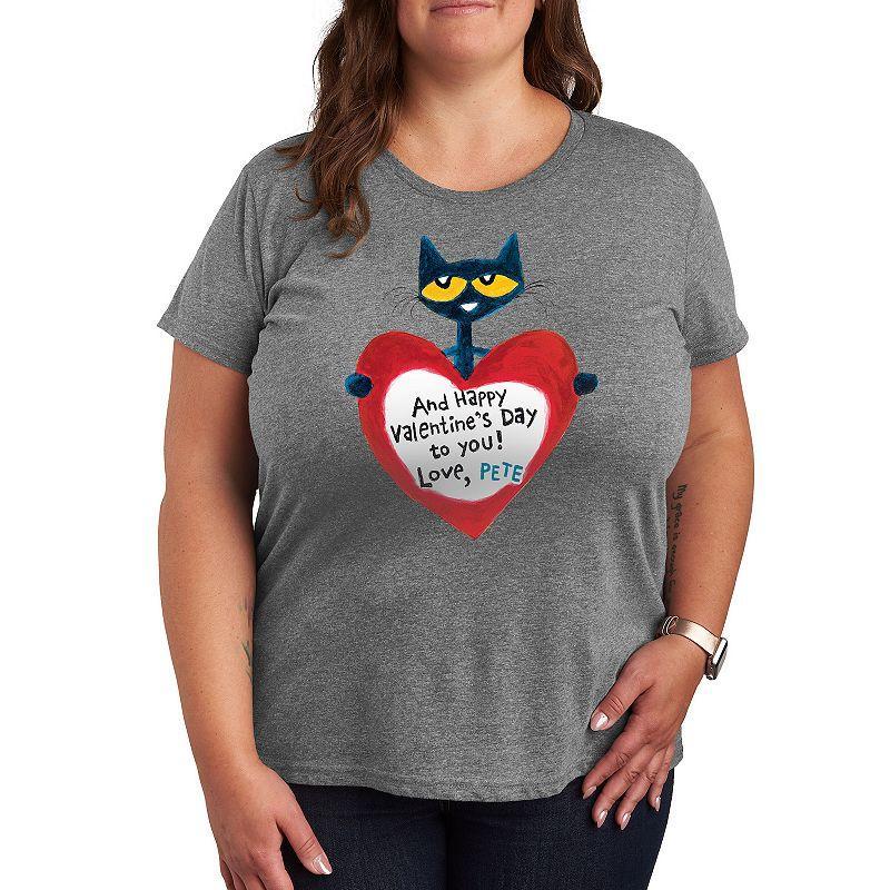 Plus Pete the Cat Pete Valentine Heart Graphic Tee, Womens Grey Gray Product Image