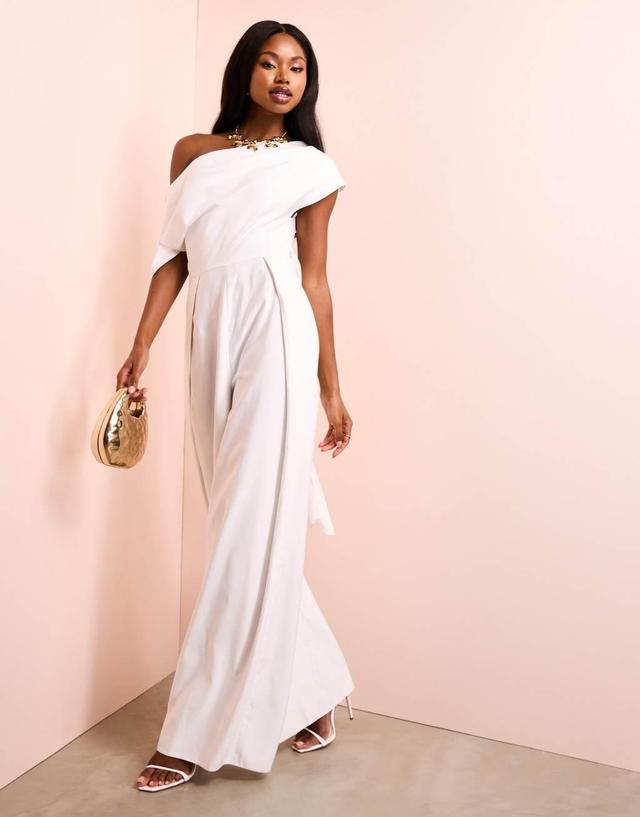 ASOS Luxe drop shoulder jumpsuit with bow back in cream Product Image