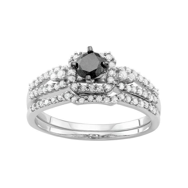 10k White Gold 1 Carat T.W. Black & White Diamond Engagement Ring Set, Womens Product Image