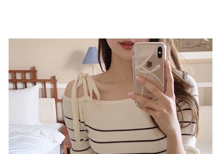 Cold-Shoulder Striped Ribbed Sweater Product Image