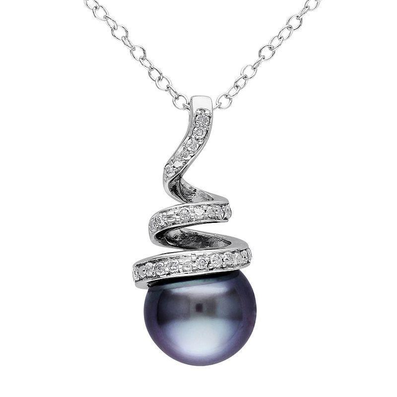 Stella Grace Sterling Silver Tahitian Cultured Pearl & 1/10 Carat T.W. Diamond Swirl Pendant Necklace, Womens Black Product Image