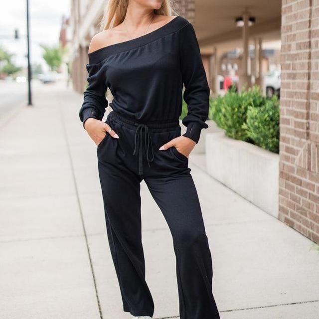 Memory Lane Black Off The Shoulder Knit Jumpsuit Product Image