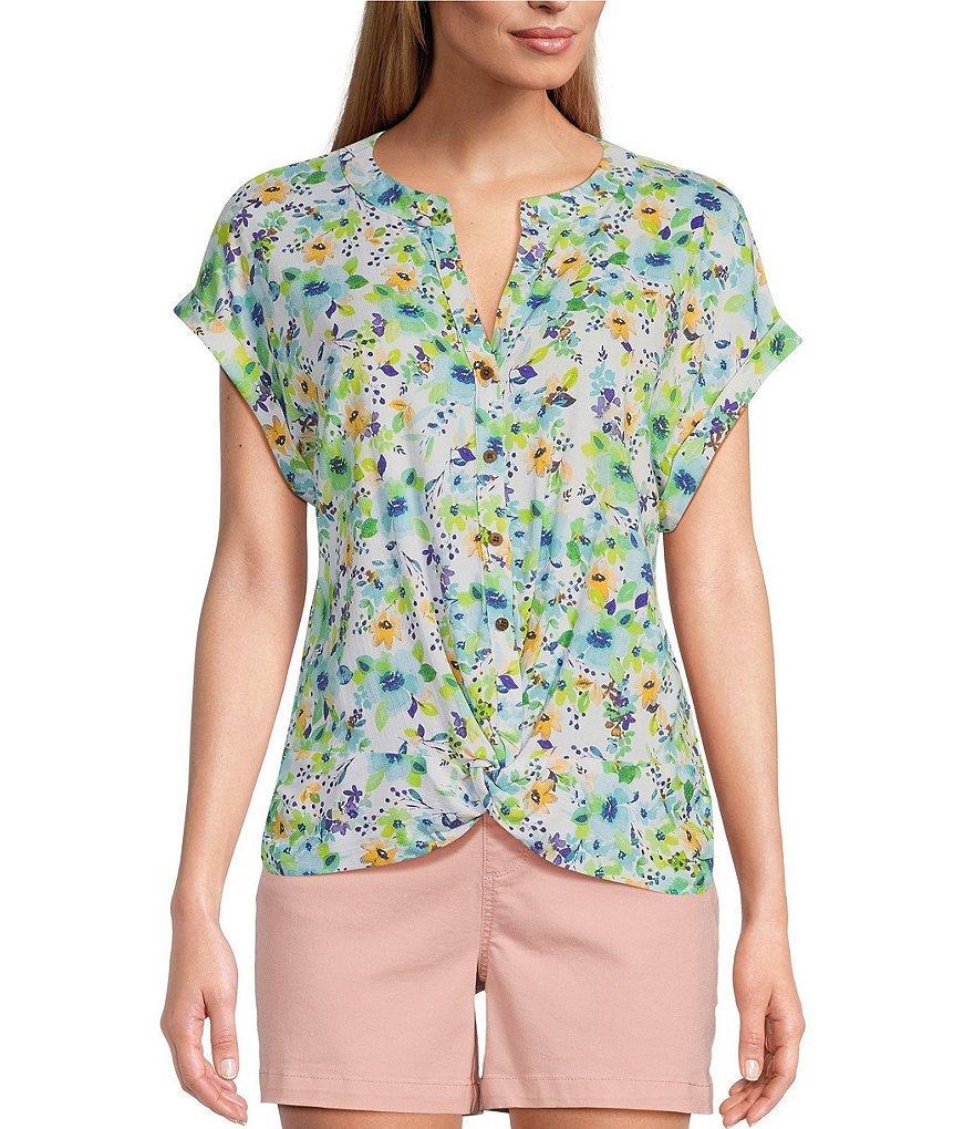 Westbound Knit Blooming Buds Short Sleeve Y-Neck Button-Front Twist Detail Top product image