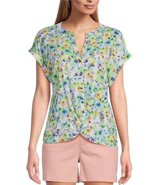 Westbound Knit Blooming Buds Short Sleeve Y-Neck Button-Front Twist Detail Top Product Image