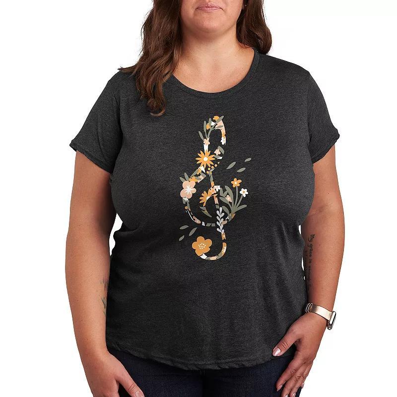 Plus Floral Treble Clef Graphic Tee, Womens Heather Grey Product Image