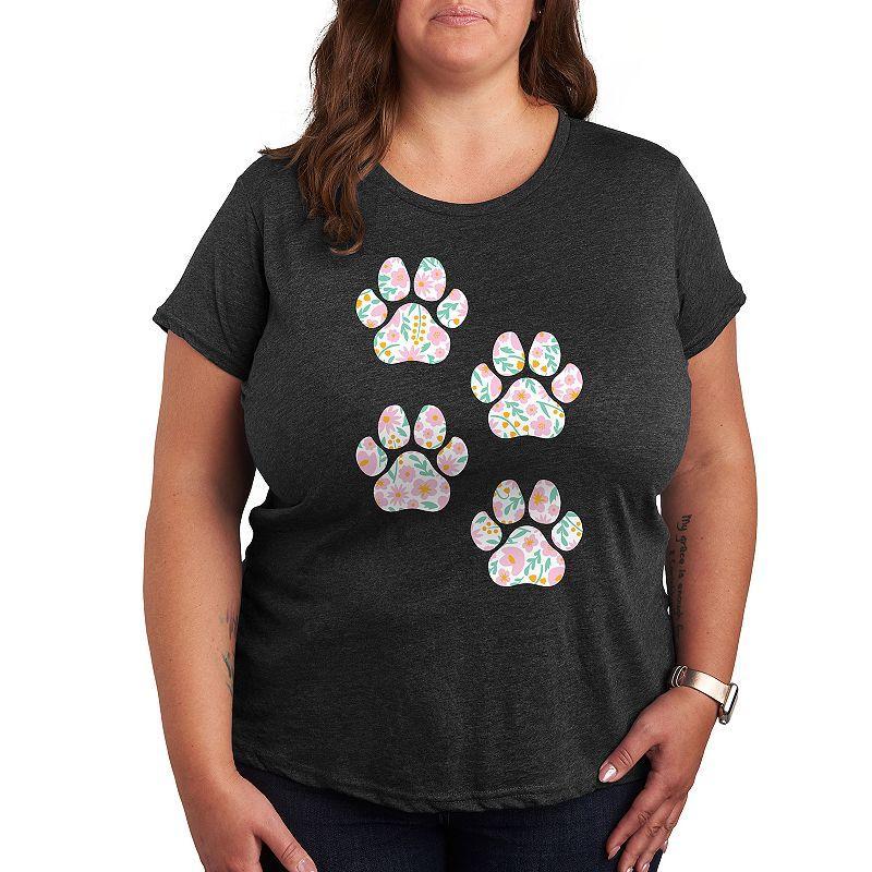 Plus Floral Dog Paw Prints Graphic Tee, Womens Heather Grey Product Image