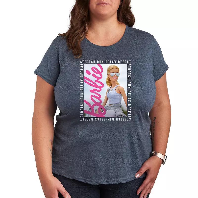 Plus Barbie Stretch Run Relax Repeat Graphic Tee, Womens Heather Grey Product Image