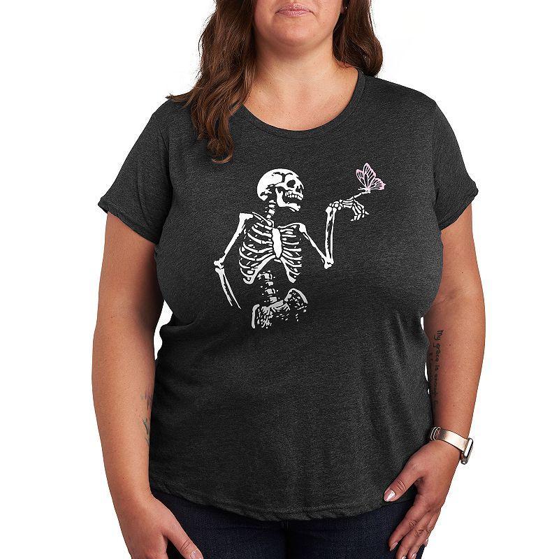 Plus Size Skeleton With Butterfly Graphic Tee, Womens Heather Grey Product Image