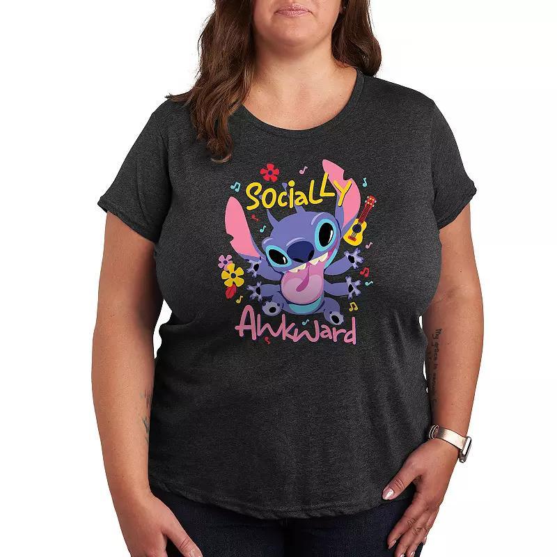 Disneys Lilo & Stitch Plus Socially Awkward Graphic Tee, Womens Heather Grey Product Image