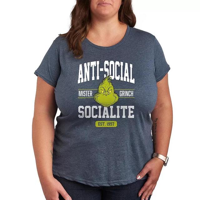 Plus Dr. Seuss The Grinch Anti Social Socialite Graphic Tee, Womens Grey Blue Product Image