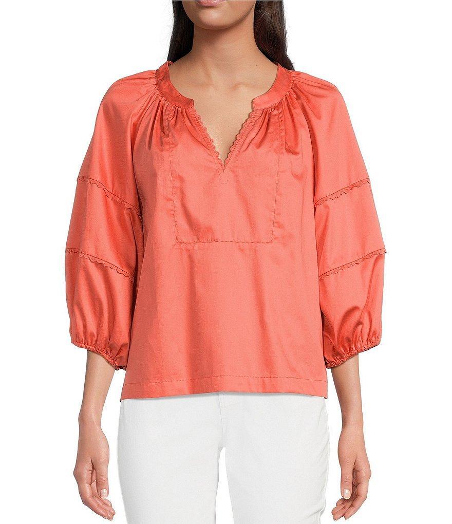 tyler boe Molly Woven Banded Split V-Neck 3/4 Balloon Sleeve Raglan Shoulder Lace Trim Top Product Image