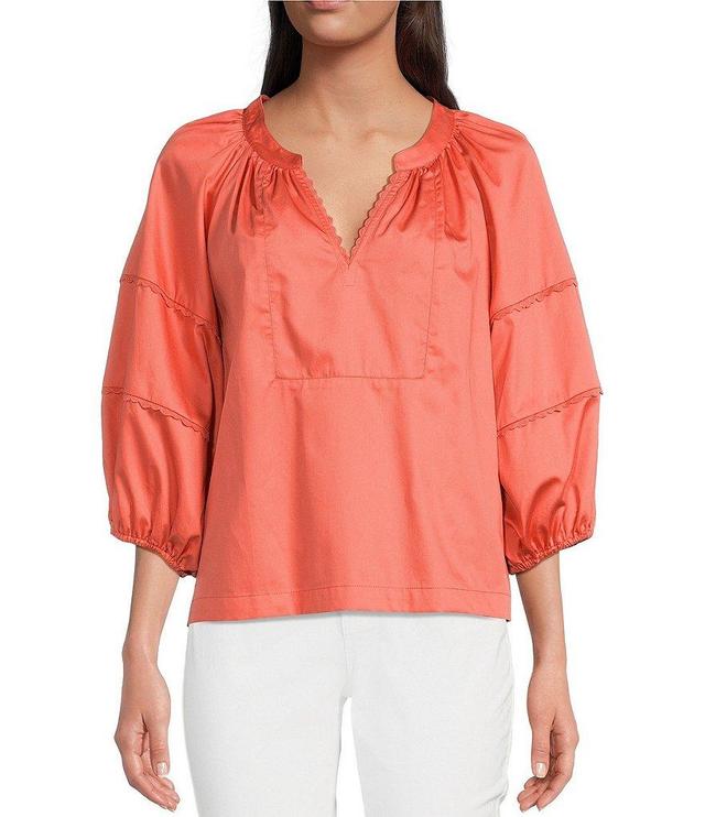 tyler boe Molly Woven Banded Split V-Neck 3/4 Balloon Sleeve Raglan Shoulder Lace Trim Top Product Image