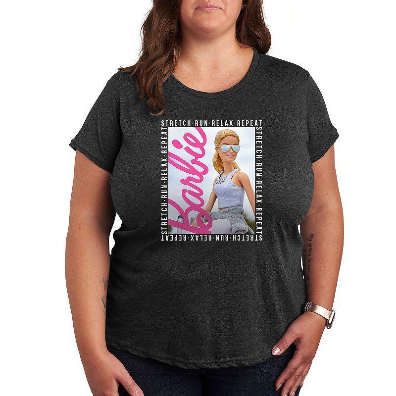 Plus Barbie Stretch Run Relax Repeat Graphic Tee, Womens Heather Grey Product Image