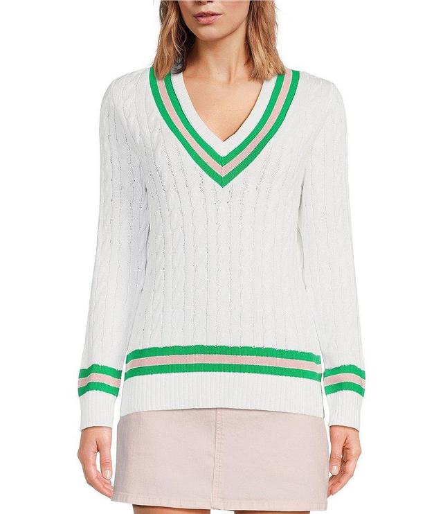 Lilly Pulitzer Brockton Cable Knit V-Neck Long Sleeve Stripe Detail Sweater Product Image