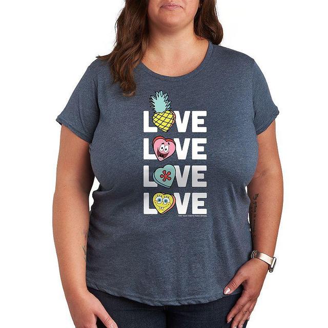 Plus Size SpongeBob Squarepants Stacked Love With Hearts Graphic Tee, Womens Grey Blue Product Image