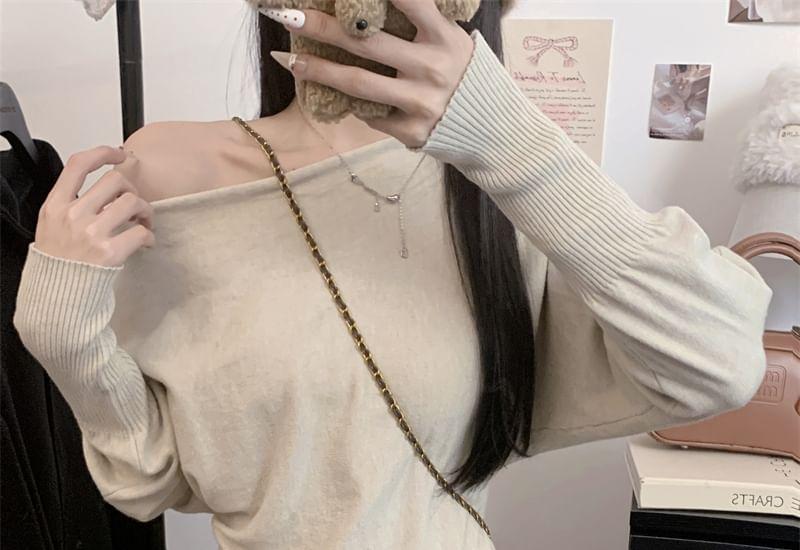 Long-Sleeve Off-Shoulder Plain Sweater Product Image