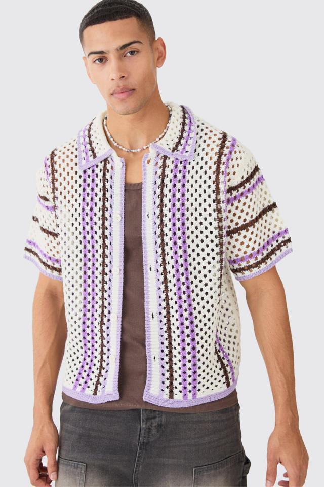 Oversized Boxy Open Knit Stripe Shirt | boohooMAN USA Product Image