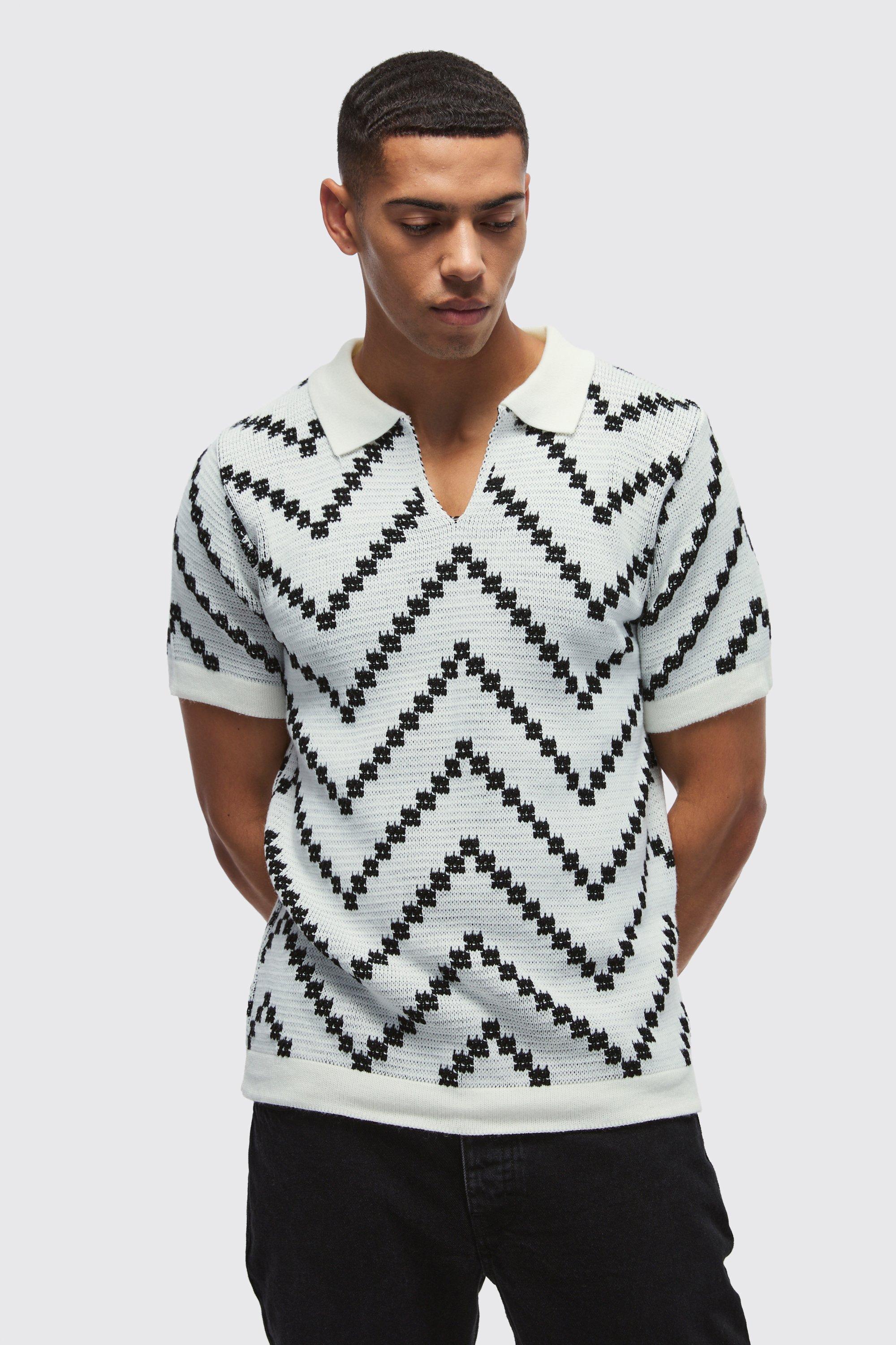 V Neck Stripe Knit Polo | boohooMAN USA Product Image