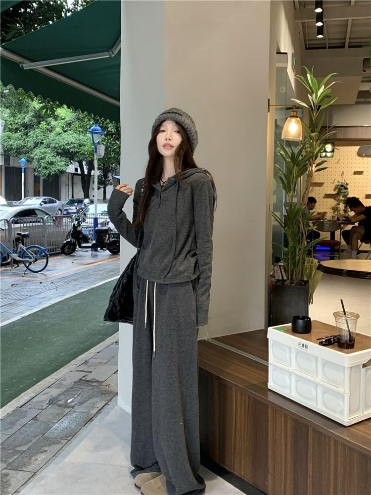 Long-Sleeve Plain Hooded Top / Drawstring Waist Loose-Fit Pants Product Image