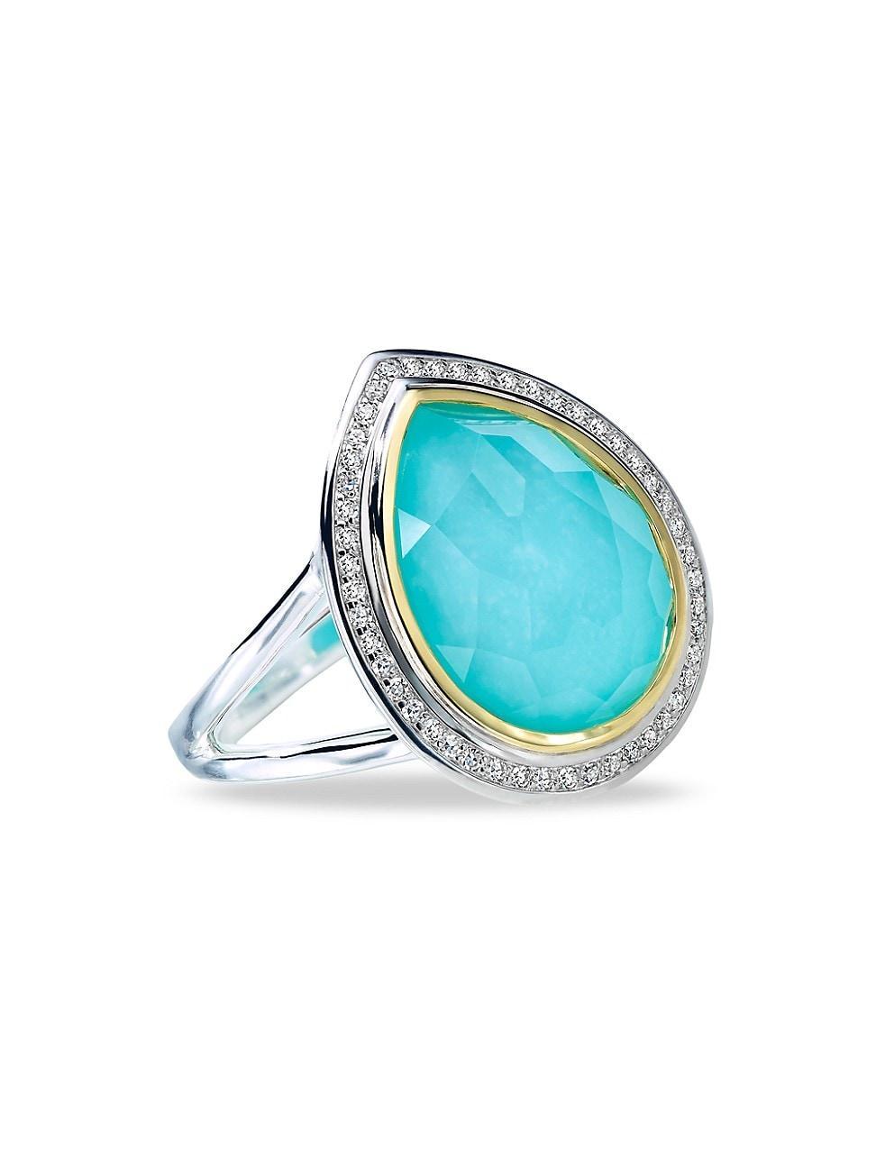 Womens 2T Rock Candy Teardrop 18K Gold, Sterling Silver, Turquoise & Diamond Ring Product Image