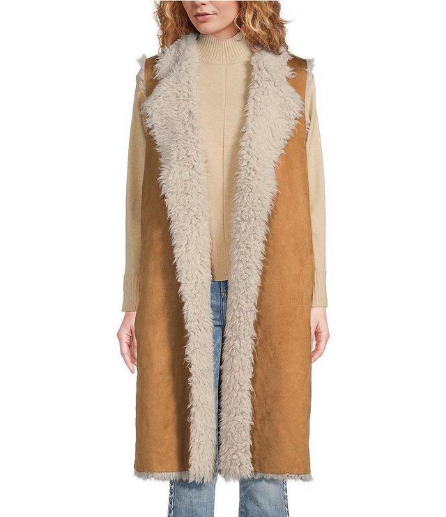 Talisman Wanderer Faux Suede Faux Fur Lined Open Front Long Vest Product Image