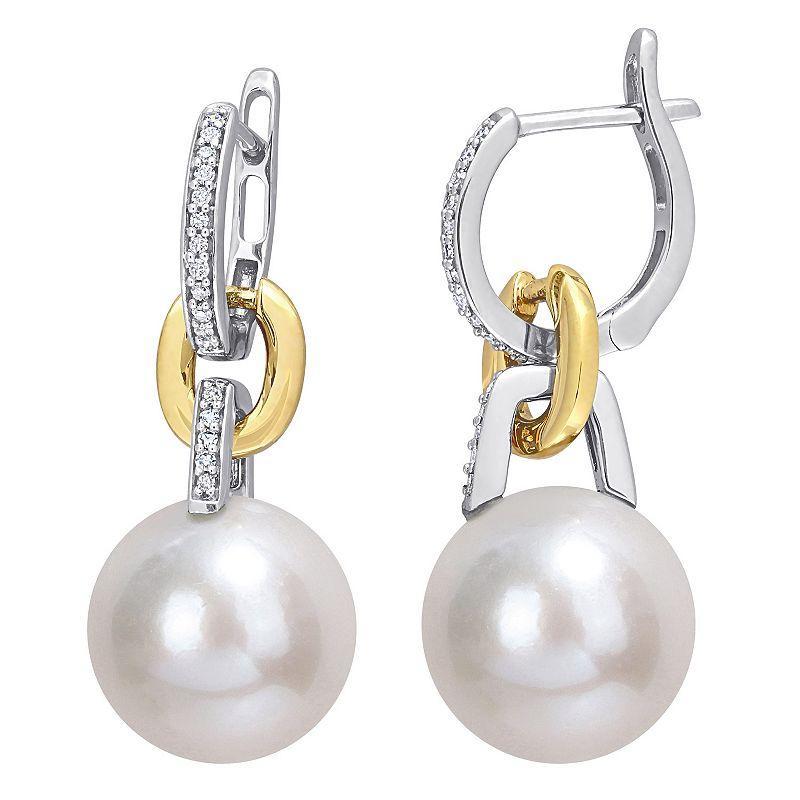 Stella Grace 14k Two-Tone Gold Freshwater Cultured Pearl & 1/10 Carat T.W. Diamond Hoop Drop Earrings, Womens, 14k Two Tone Product Image