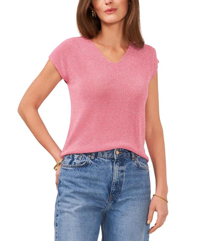 Vince Camuto Womens Metallic V-Neck Short-Sleeve Sweater Product Image