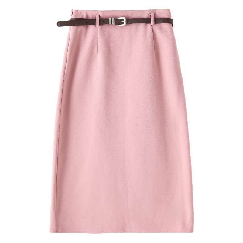 Set: High Rise Plain Midi A-Line Skirt + Belt Product Image