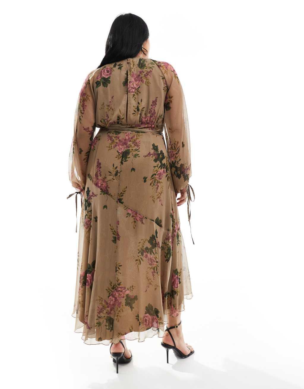 ASOS DESIGN Curve Exclusive long sleeve chiffon wrap midi dress in green floral print Product Image