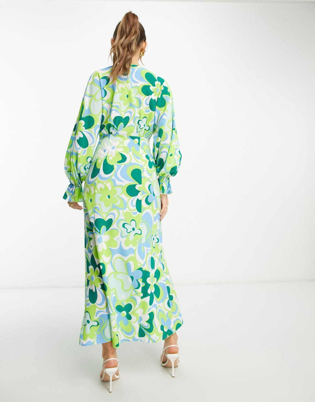 ASOS DESIGN plunge batwing maxi dress in green retro floral Product Image