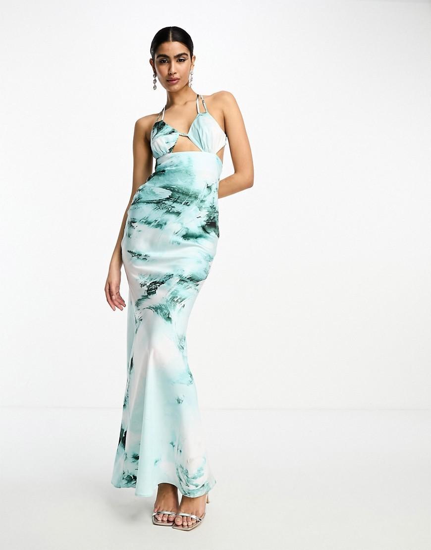 ASOS DESIGN satin cut out detail bust maxi dress in blue watercolor print Product Image