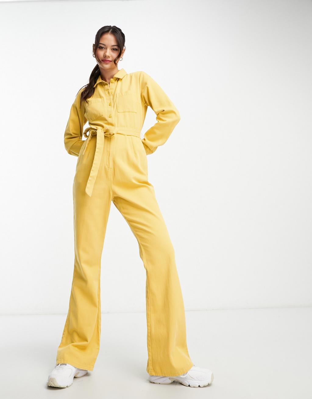 ASOS DESIGN long sleeve twill boilersuit with collar in chartreuse Product Image