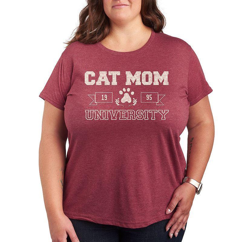 Plus Size Cat Mom University Graphic Tee, Womens Grey Dark Red Product Image