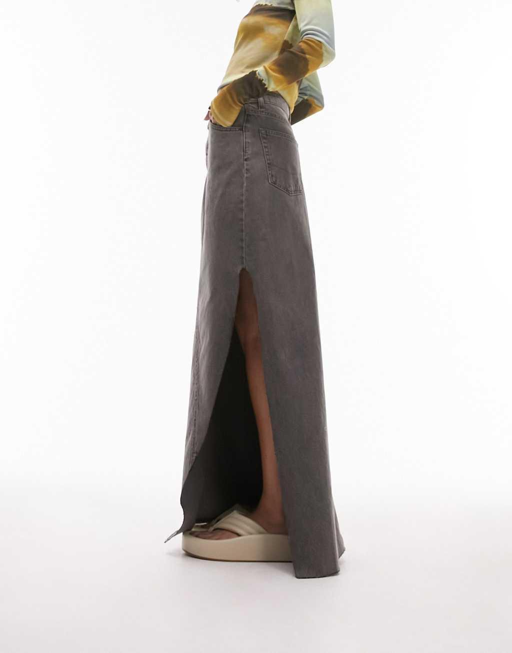 Topshop denim thigh split maxi skirt in gray Product Image