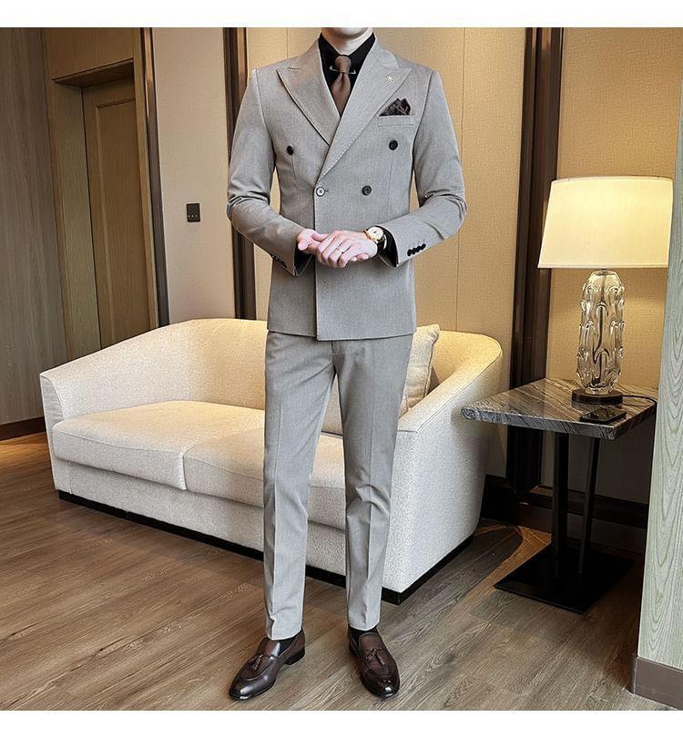 Set: Plain Double-Breasted Blazer + Dress Pants Product Image